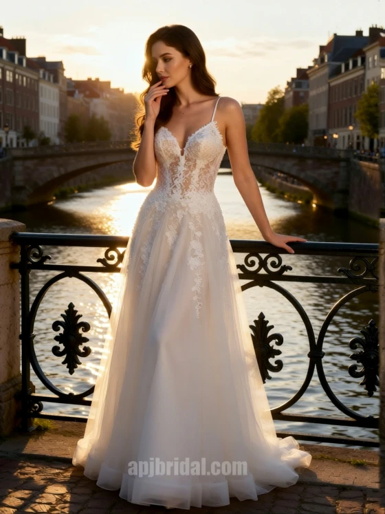 Romantic Spaghetti Strap Deep V-Neck Lace A-Line Wedding Dress with Tulle Skirt